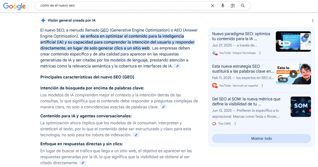 Ejemplo de AI Overviews Google